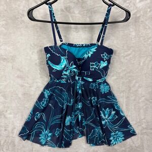 Beach House Navy Turquoise Floral Mesh Flyaway Tankini Swim Top Womens Size 10